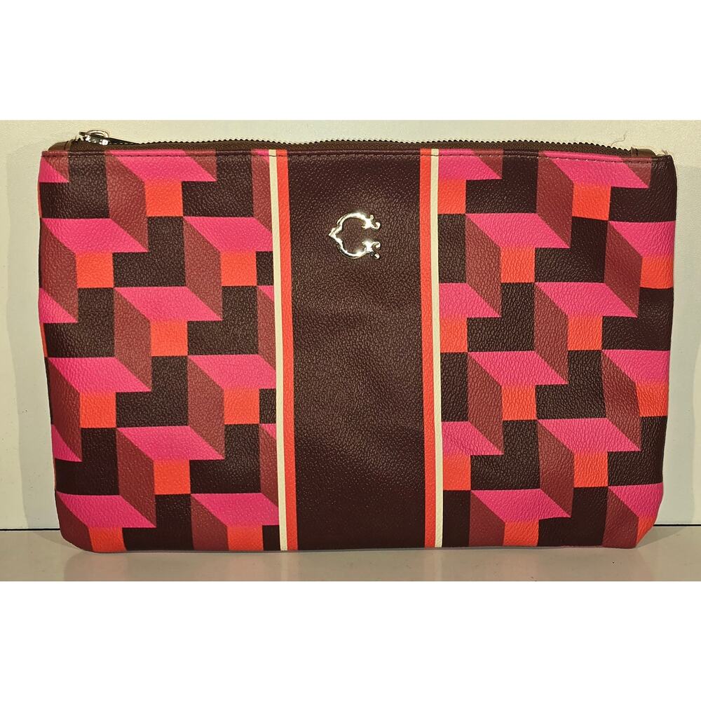 G Wonder Zip Clutch Pouch Geometric Print Brown Pink Orange 11x7.5